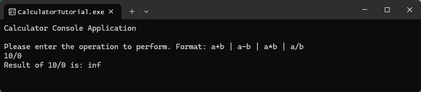 Screenshot der Visual Studio-Debugkonsole mit dem Ergebnis einer Division durch Null-Vorgang.