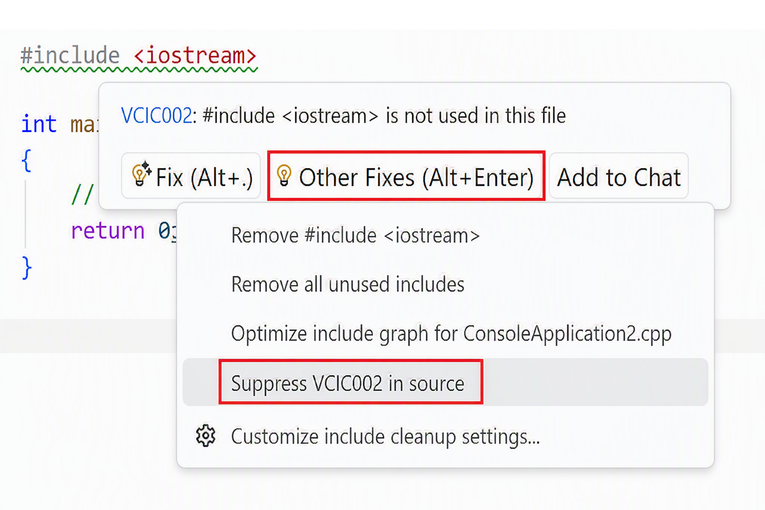 Screenshot des Glühbirnenmenüs in Visual Studio mit der Option „VCIC002 im Quellcode unterdrücken“.
