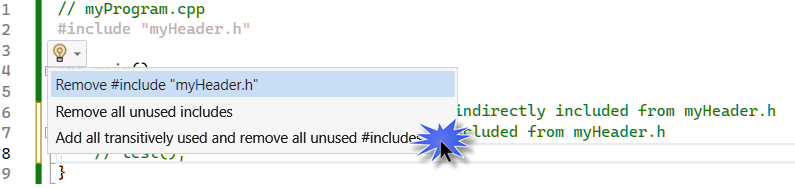 Es werden drei Refaktorisierungsoptionen angezeigt: #include myHeader.h entfernen, alle nicht verwendeten Includes entfernen und alle transitiv verwendeten Includes hinzufügen und alle nicht verwendeten #includes entfernen.