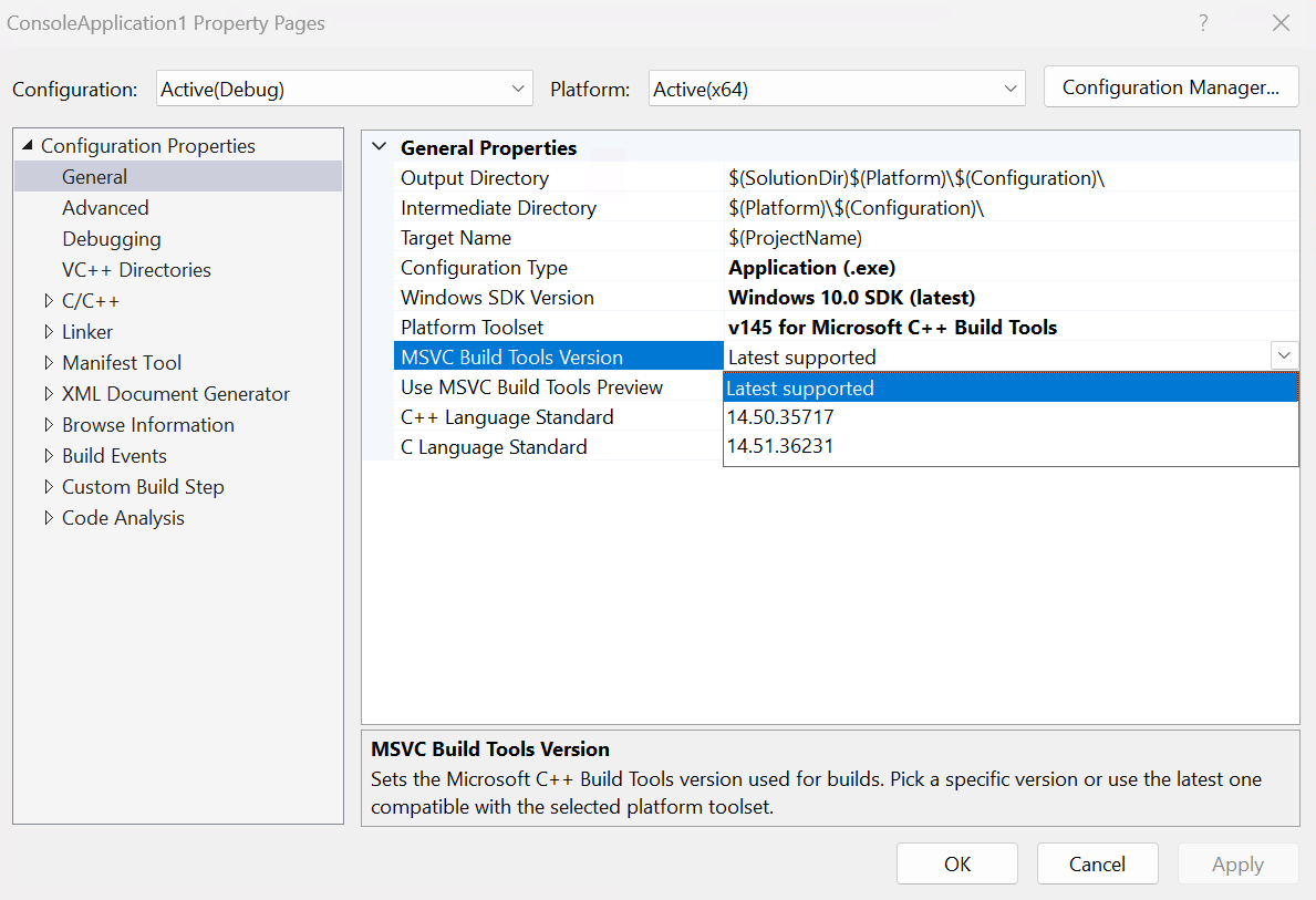 Screenshot der Eigenschaftenseiten des C++-Projekts > „Allgemein“ mit aufgeklappter Dropdownliste „MSVC Build Tools Version“, die „Latest supported“, 14.50.35717 und 14.51.36231 anzeigt.