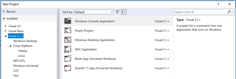 Screenshot des Dialogfelds „Neues Projekt“, das die verfügbaren Projektvorlagen für C++ zeigt, z. B. die Windows-Konsolenanwendung.