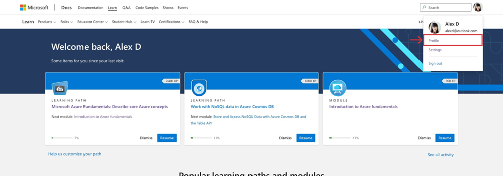 Microsoft Learn-Webseite mit dem Dropdownmenü für den Fotoavatar des Learn-Profils und hervorgehobener Auswahl in „Profil“