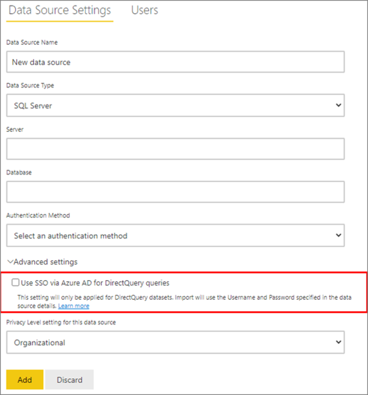 Screenshot der Seite mit den Datenquelleneinstellungen, auf der die Verwendung von SSO über Microsoft Entra ID für DirectQuery-Abfragen betont wird.