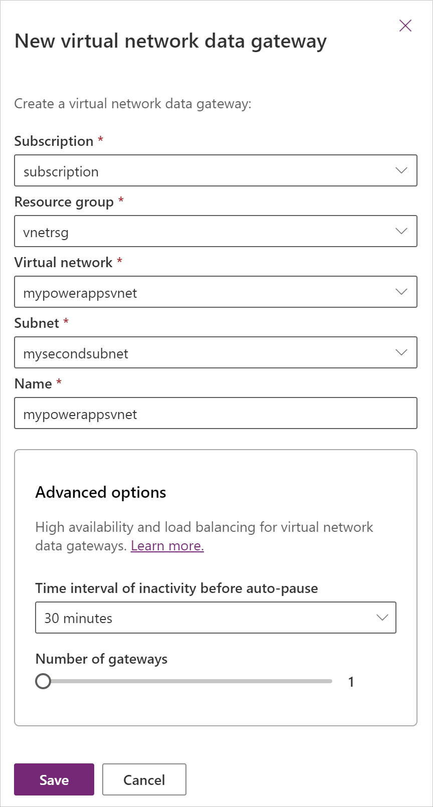 Screenshot des Formulars für das VNet-Datengateway mit den Einträgen 