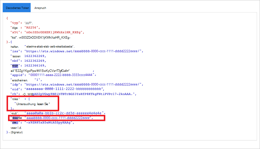 Screenshot, der das decodierte Token zeigt.