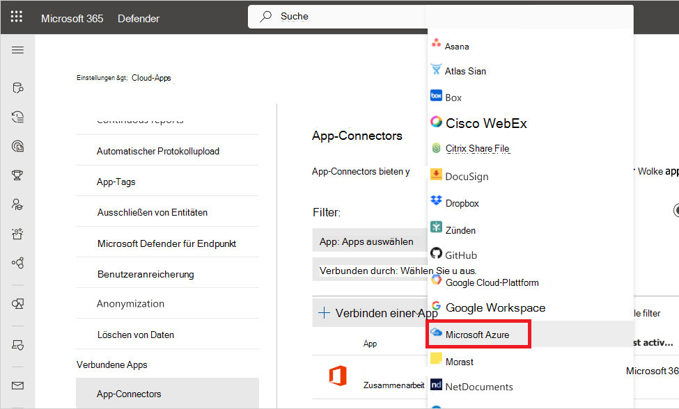Screenshot, der den Azure-Connector im Defender-Portal zeigt.