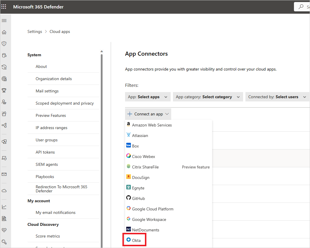 Screenshot der App-Connector-Seite mit der Option Connect Okta.
