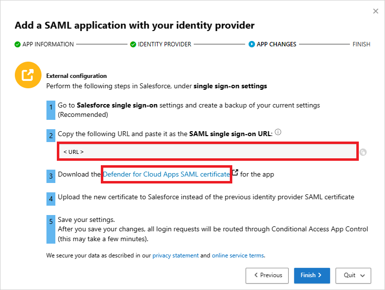 Screenshot der Seite „App-Änderungen“ in Defender for Cloud Apps, auf der die SAML-SSO-URL und die Option zum Herunterladen des Zertifikats zu sehen sind.