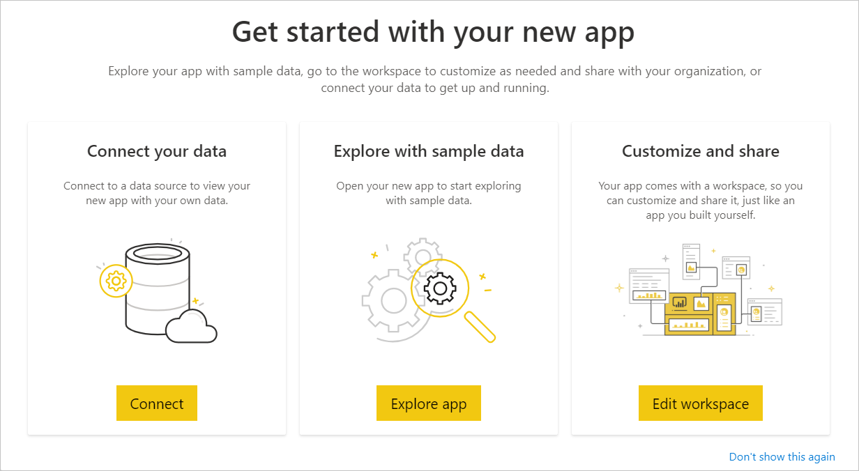 Screenshot der Power BI Erste Schritte mit Ihrer neuen App-Seite, auf der Sie 