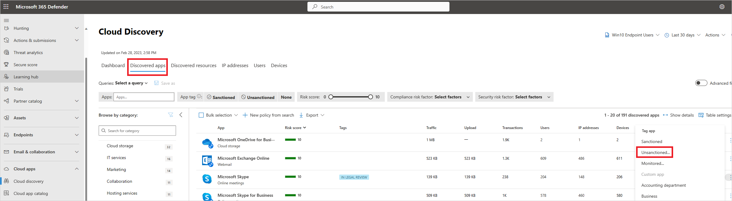 Screenshot der Defender for Cloud Apps-Seite zum Kennzeichnen einer erkannten App als nicht autorisiert.