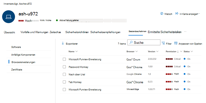 Screenshot der Browsererweiterungen auf der Seite 