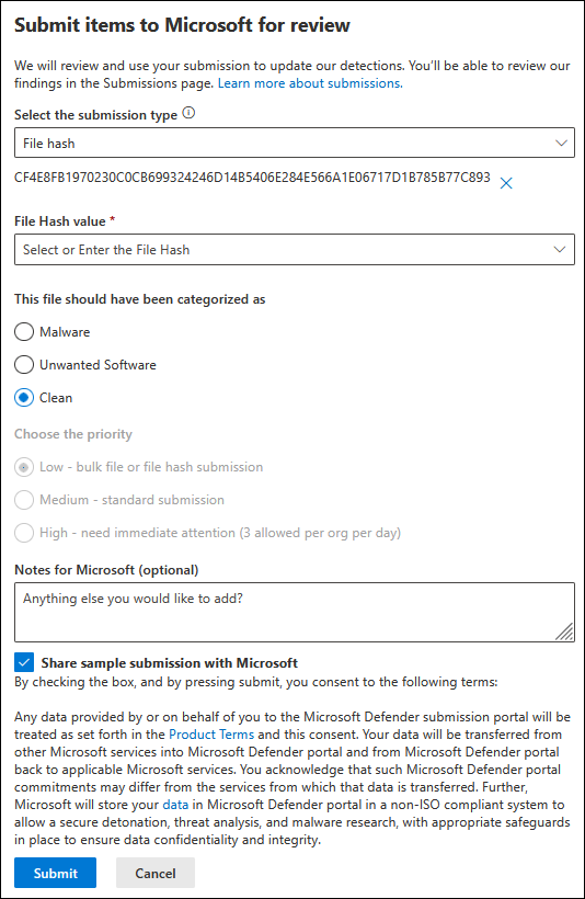 Screenshot, der zeigt, wie Dateihashes übermittelt werden.