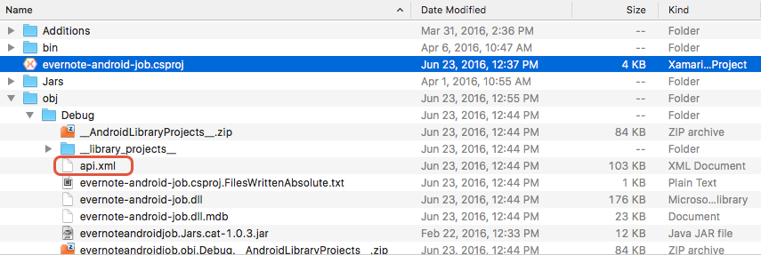 Generierte „api.xml“ unter „obj/Debug“