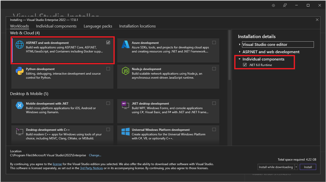Screenshot der Auswahl für die plattformübergreifende .NET Core-Entwicklung.