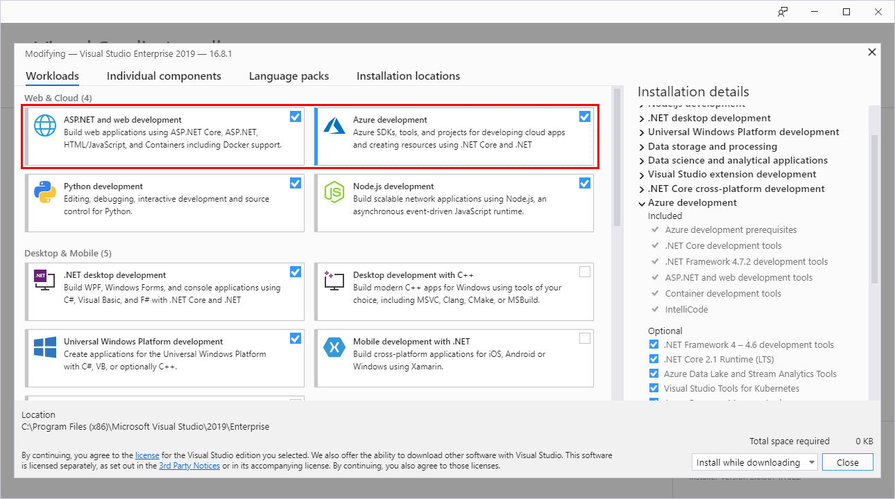 Screenshot des Visual Studio-Installers mit den ausgewählten Azure-Entwicklungs- und ASP.NET- und Webentwicklungsworkloads