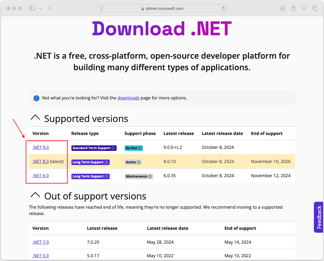 Die .NET Downloadwebsite. Die Versionen 6.0 bis 9.0 sind aufgeführt. In einem roten Feld werden diese Downloadlinks hervorgehoben.