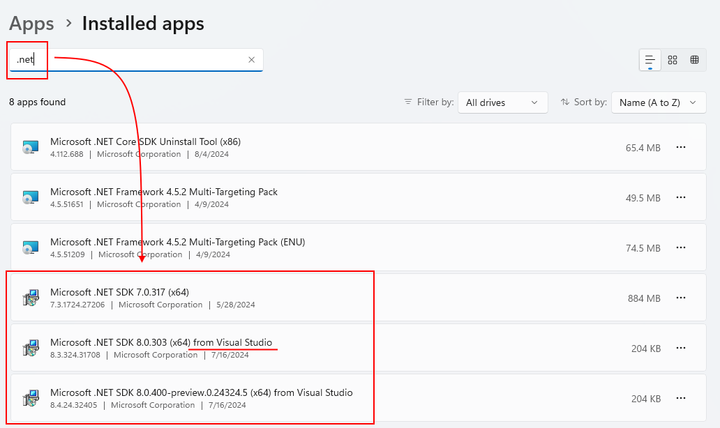 Das Dialogfeld „Installierte Windows-Apps“ mit dem Wort „.net“ in der Suchleiste. Die Ergebnisse zeigen die installierten Versionen von .NET-Framework und .NET.
