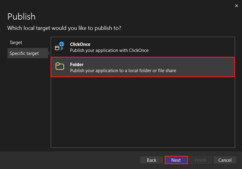Picken Sie das spezifische Veröffentlichungsziel in Visual Studio.