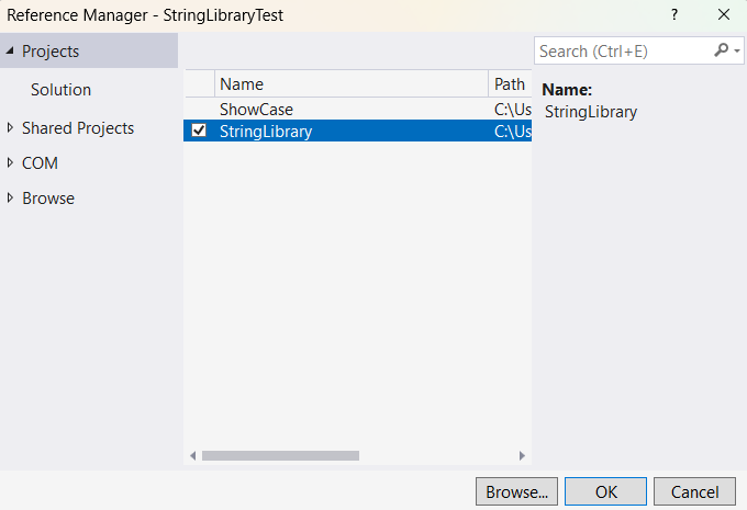 Fügen Sie StringLibrary als Projektverweis für StringLibraryTest hinzu.