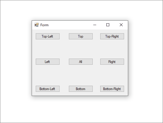 Animation, die zeigt, wie ein Windows-Formular mit Schaltflächen, die an allen Positionen verankert sind, neu dimensioniert wird.