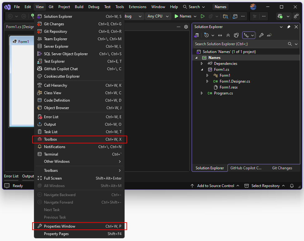 Das Ansichtsmenü, in dem sowohl das Toolboxelement als auch das Eigenschaftenfensterelement in einem Visual Studio 2026 Windows Forms-Projekt hervorgehoben sind.