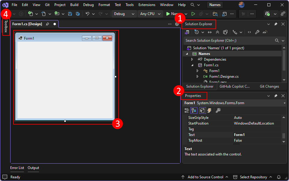 Die wichtigen Komponenten von Visual Studio 2026, die Sie kennen sollten, wenn Sie ein Windows Forms-Projekt für .NET erstellen.