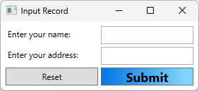 Screenshot einer WPF-App mit zwei Textfeldern, die mit Name und Adresse beschriftet sind. Zwei Schaltflächen sind sichtbar. Eine Schaltfläche heißt 
