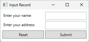 Screenshot einer WPF-App mit zwei Textfeldern mit bezeichnungsgeschütztem Namen und Adresse. Zwei Schaltflächen sind sichtbar. Eine Schaltfläche heißt 