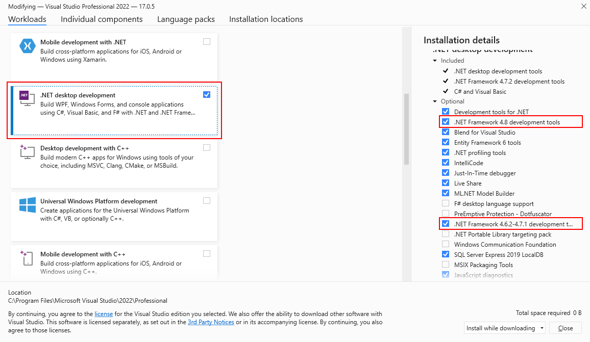 Visual Studio-Installationsprogramm mit ausgewählten .NET Framework-Optionen.