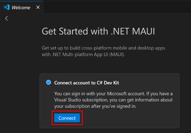 Screenshot der Schaltfläche Visual Studio Code-Konto mit C# Dev Kit verbinden.