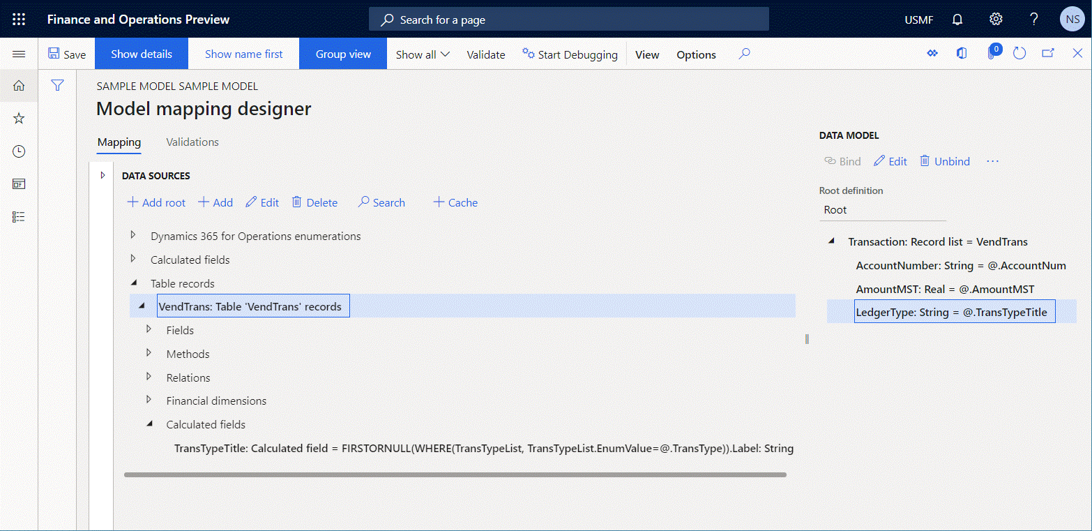 Verwenden des Datenquellen-Debuggers zum Testen der konfigurierten Modellzuordnung.