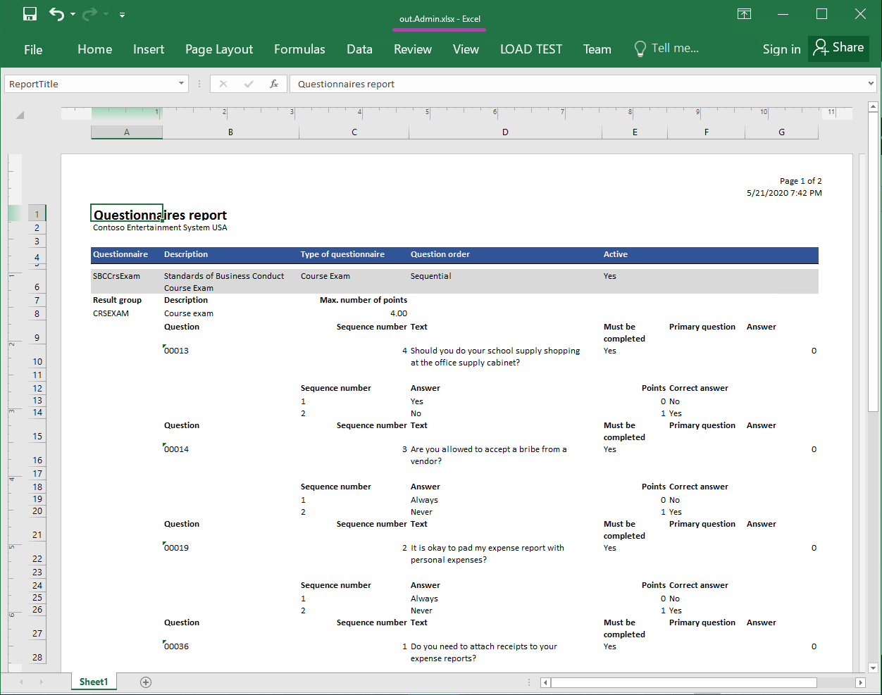 Beispiel eines generierten Berichts im Excel-Format, Seite&nbsp;1.