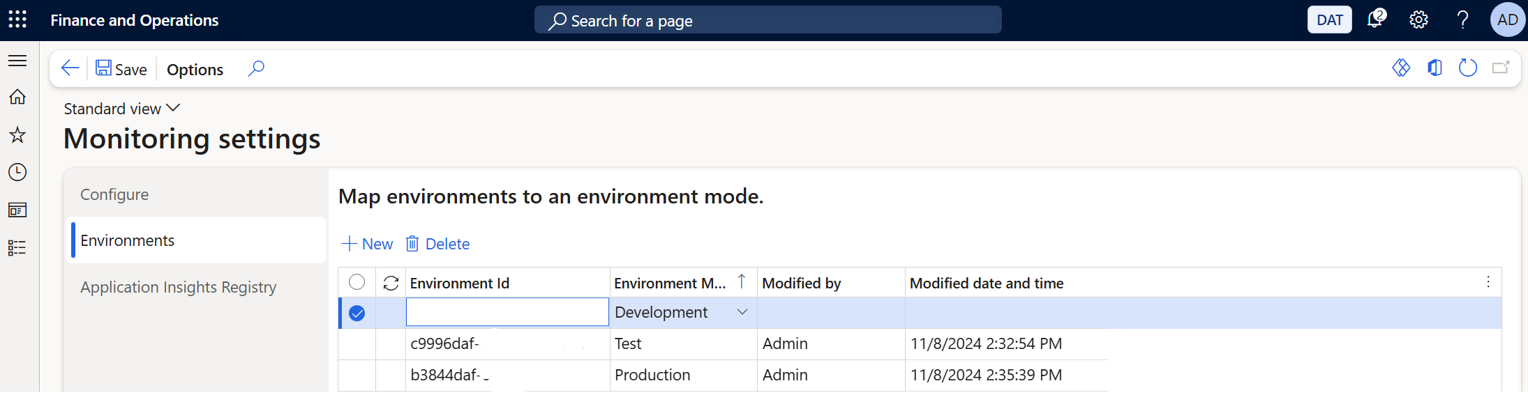 Screenshot of environments being added on the Environments tab of the Monitoring settings page.