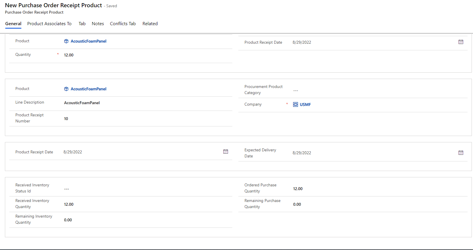 Screenshot der Seite „Neue Bestellung – Eingang Produkt“