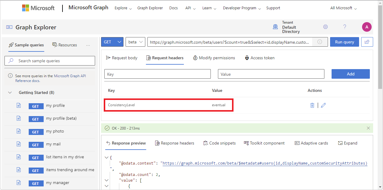 Screenshot: Graph-Tester mit hinzugefügtem ConsistencyLevel-Header