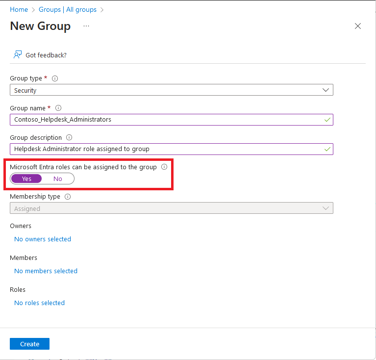 Screenshot der Option zum Gruppieren einer rollenzuweisungsfähigen Gruppe.
