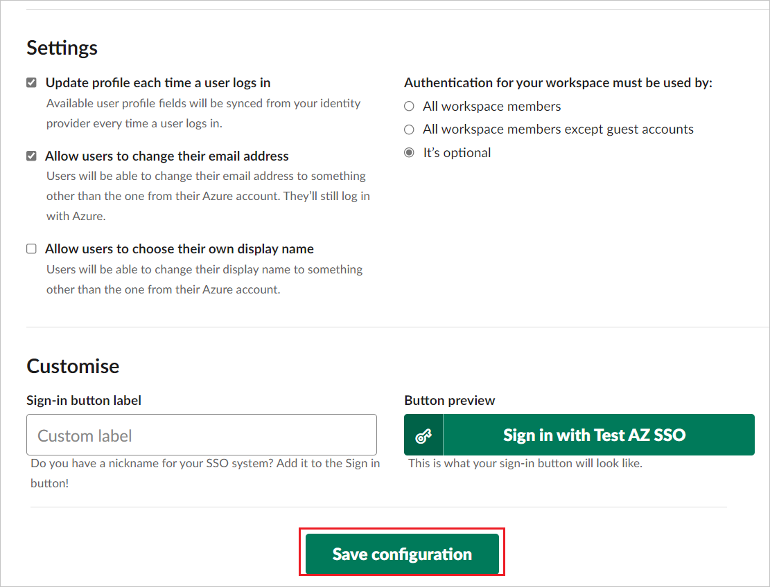 Screenshot der Konfiguration des einmaligen Anmeldens aufseiten der App mit hervorgehobener Schaltfläche „Konfiguration speichern“.