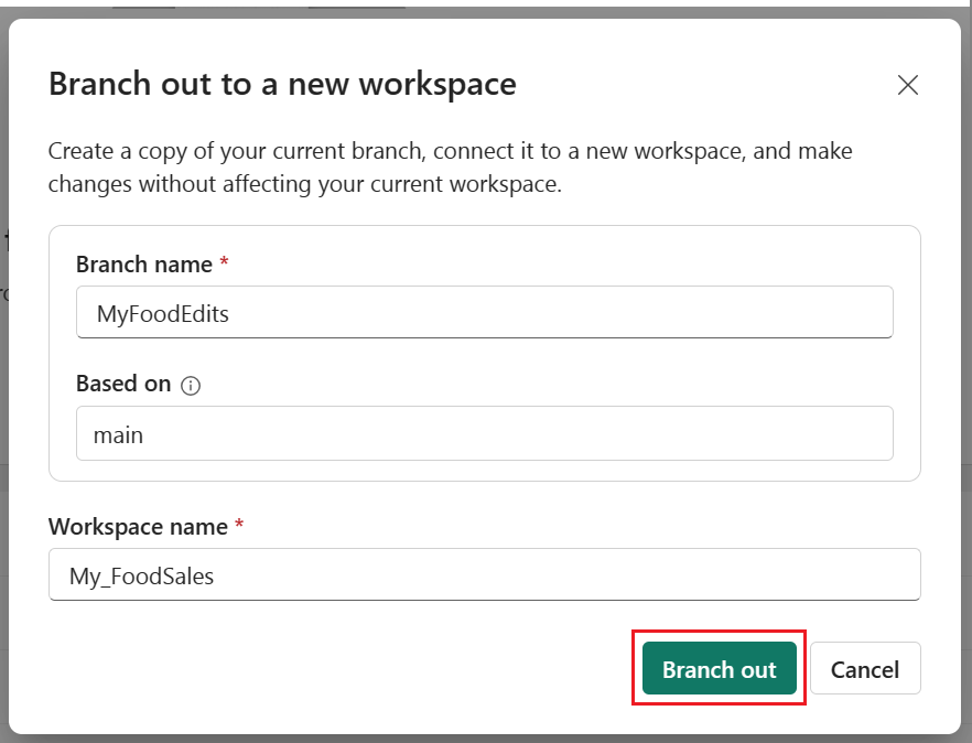 Screenshot der Brancherstellung, die den Namen des neuen Branches und des Arbeitsbereichs angibt.