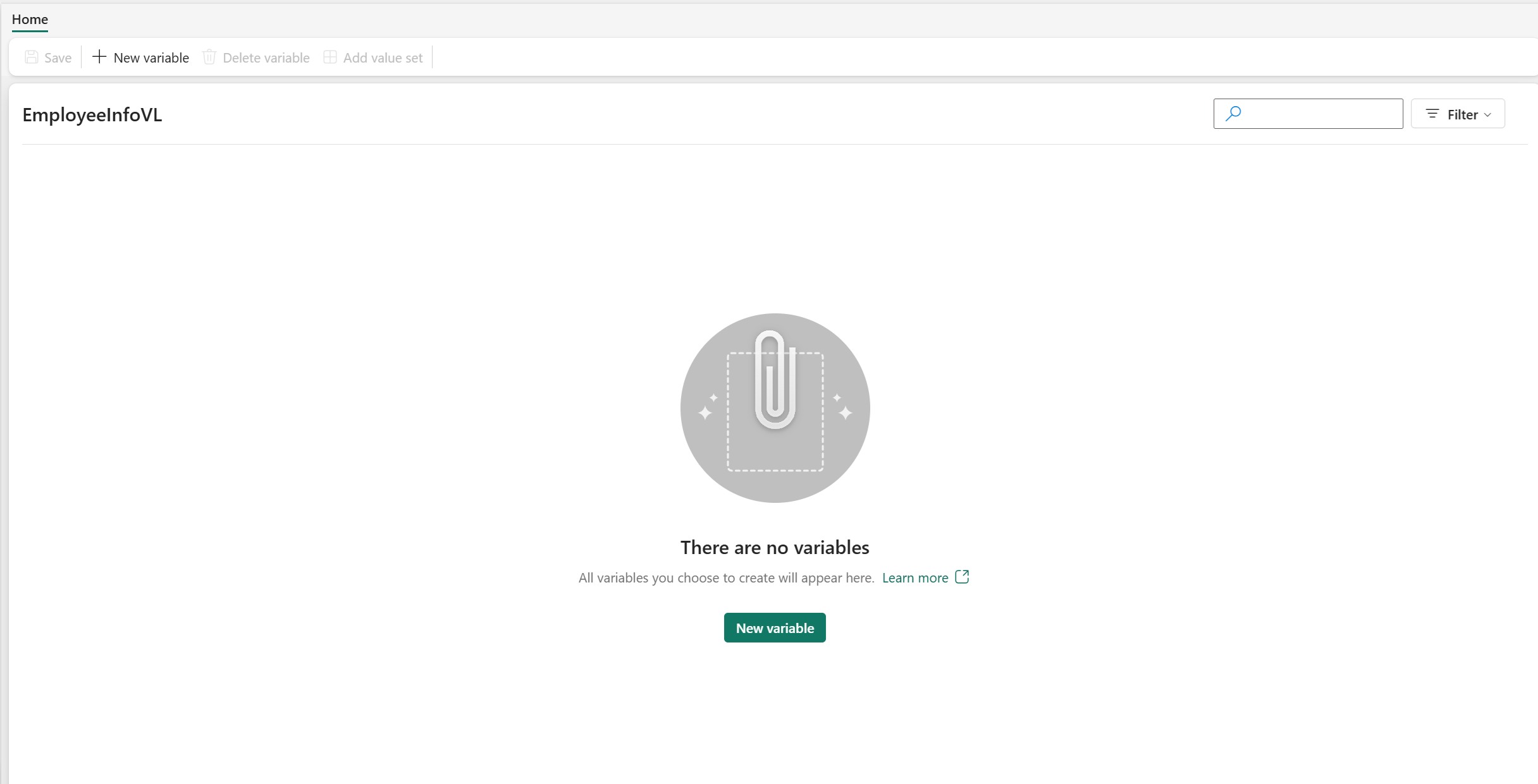 Screenshot einer leeren Variablenbibliothek mit einer Schaltfläche für eine neue Variable.