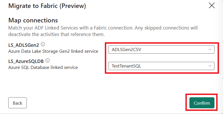Screenshot der Seite „Map connections“ für die Zuordnung von verknüpften Diensten in Azure Data Factory zu Fabric-Verbindungen.