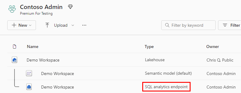 Screenshot des SQL Analytics-Endpunkttyps im Arbeitsbereich.