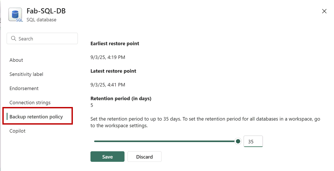 Screenshot des Fabric-Portals, der zeigt, wie die Sicherungsaufbewahrungsrichtlinie in den Datenbankeinstellungen geändert wird.