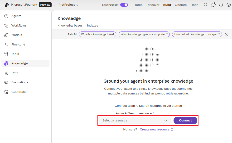 Screenshot, der zeigt, wie Sie Ihren Agent mit einer Azure KI-Suche-Ressource verbinden.