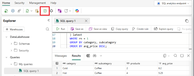 Ein Screenshot des Fabric-Portals, der zeigt, wie man ein semantisches Modell vom SQL-Analytics-Endpunkt erstellt.
