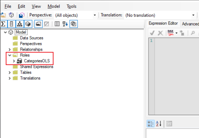Screenshot: Rollennamen unter dem Ordner „Rollen“ in der Modellansicht.