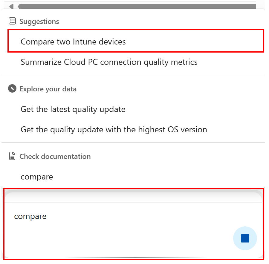 Screenshot: Vergleichen eines Intune Geräts Copilot-Prompt in Microsoft Intune oder Intune Admin Center