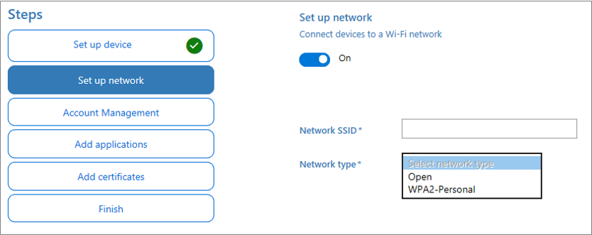 Screenshot der Aktivierung von Wi-Fi einschließlich der Optionen Netzwerk-SSID und Netzwerktyp in der Windows-Konfigurations-Designer-App