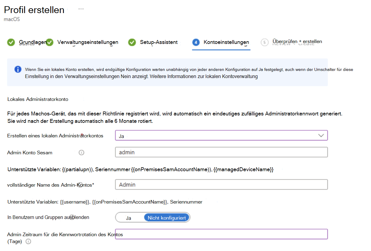 Screenshot: Optionen, die für ein Administratorkonto verfügbar sind.