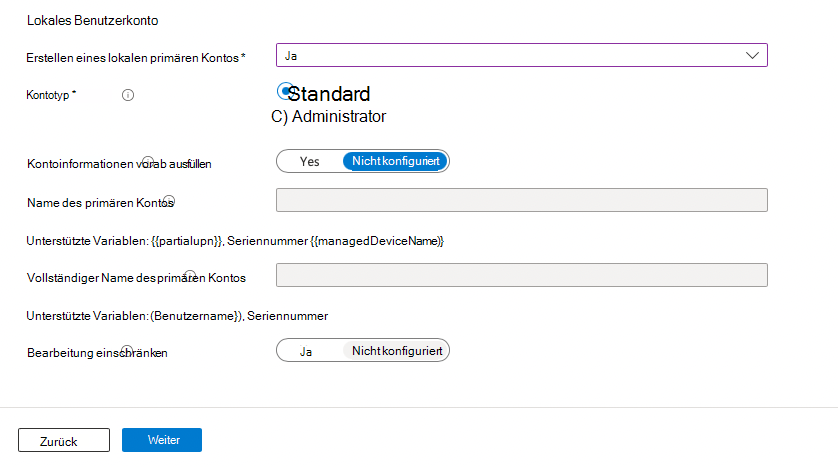 Screenshot: Optionen, die für ein Benutzerkonto ohne Administratorrechte verfügbar sind.