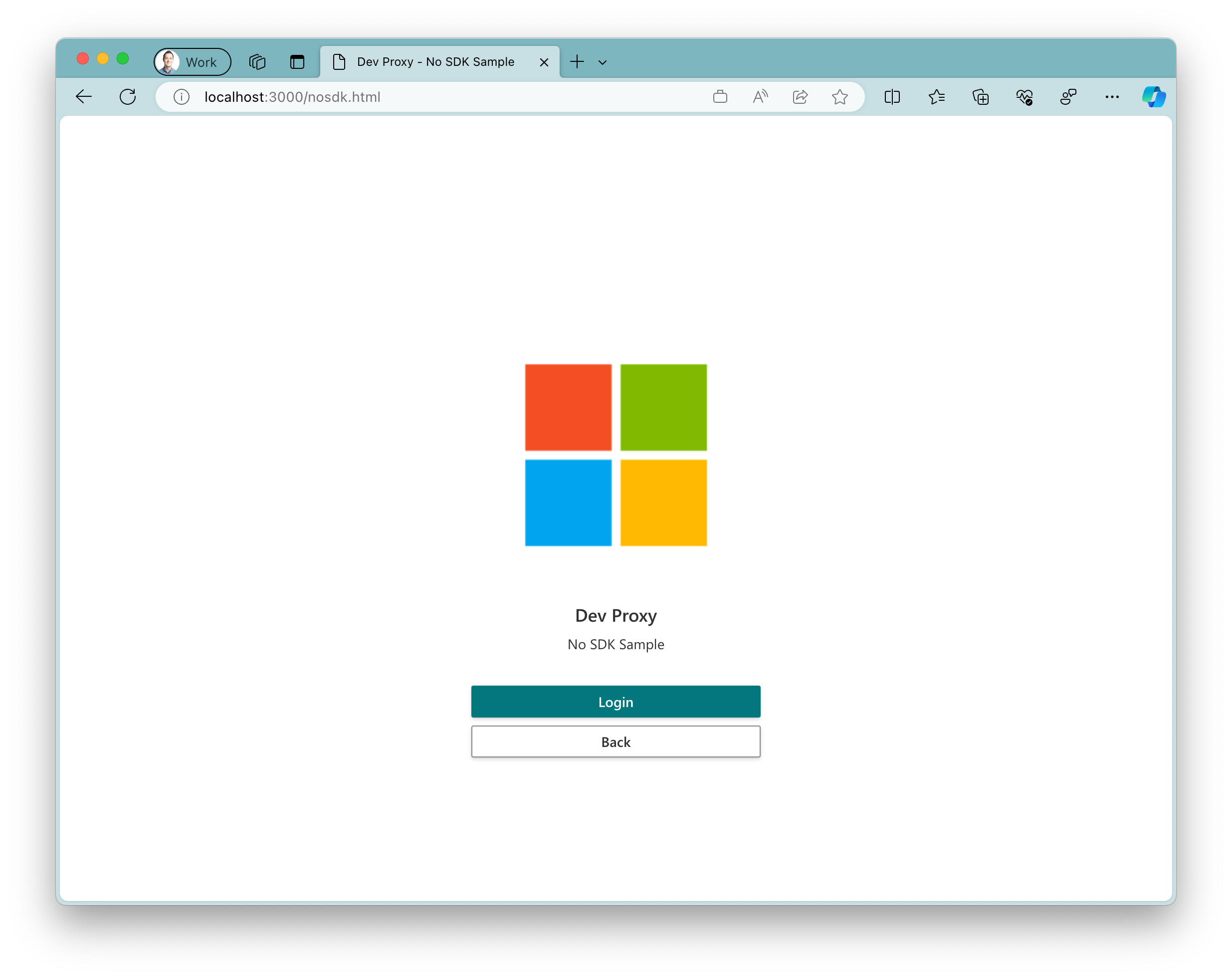 Screenshot der Beispiel-App, die im Microsoft Edge-Browser unter Windows 11 ausgeführt wird. Die App zeigt ein großes Microsoft-Logo mit zwei Schaltflächen darunter. Eine primäre Schaltfläche mit dem Text 
